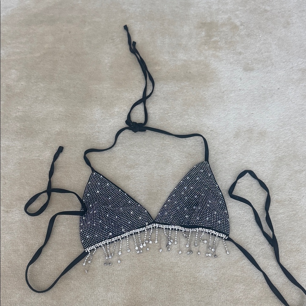 SHEIN Black Rhinestone Halter Triangle Camisole with Beaded Fringe